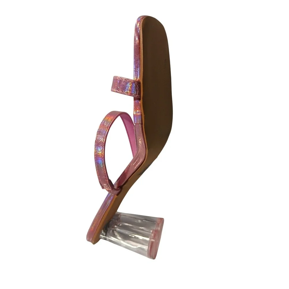 Iridescent Pink Square Toe Sandals Clear Heart Block Heel OM-P24-169 Womens 9‎